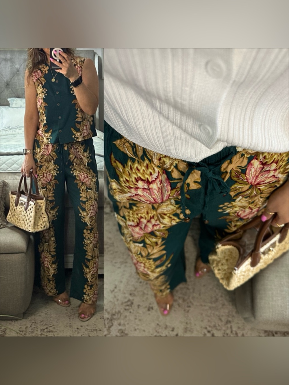 New🩷 Botanical Boho Escape Linen Blend Wide Leg Pants